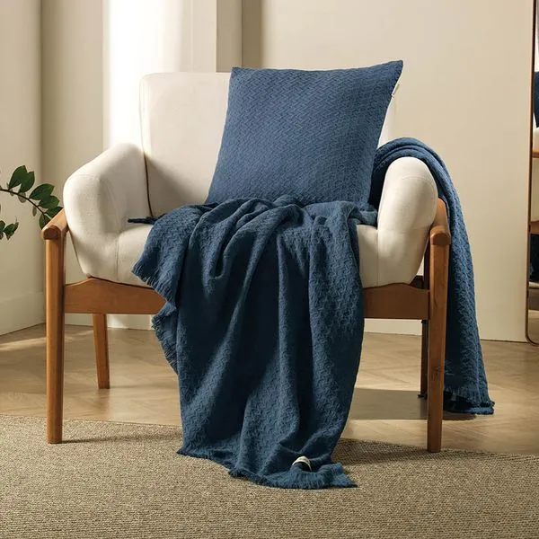 Manta decorativa 100% algodão Movaz azul marinho